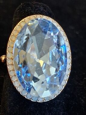 Goldtone With Blue Rhinestone Oval Cocktail Ring